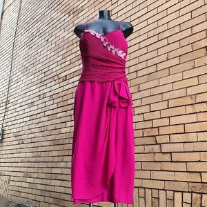 Vintage Gloria New York Pleated Beaded Fuchsia Spaghetti Faux Wrap Dress Size 12